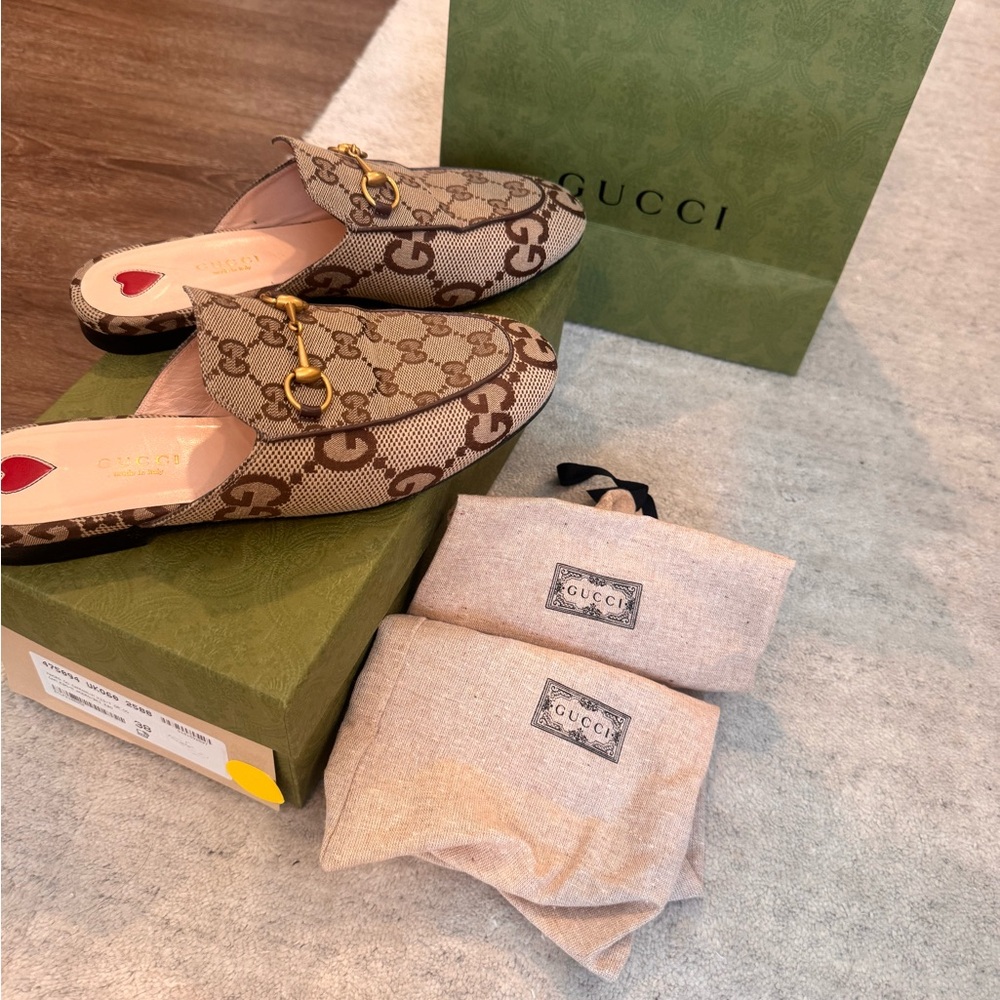 Gucci Beige GG Canvas Horsebit Slip-On Mules